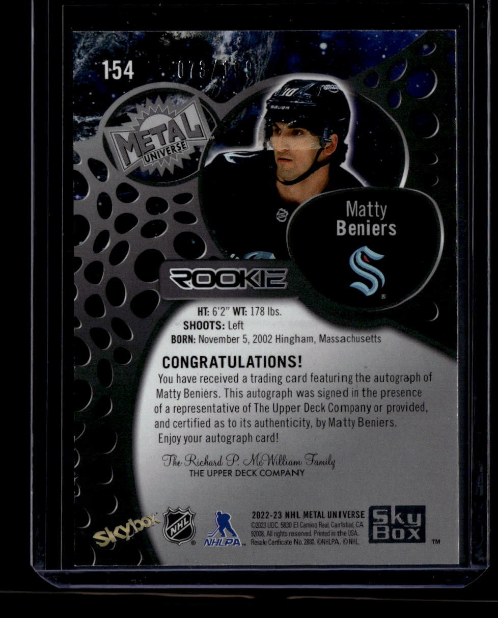 SOLD 184036 2022-23 Metal Universe Silver FX 154 Matty Beniers Rookie Auto 73/199