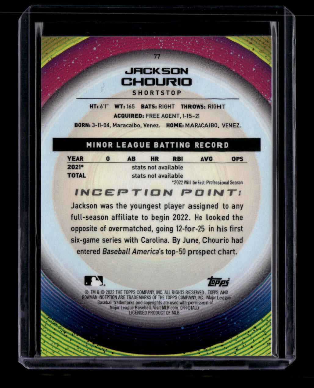 SOLD 184052 2022 Bowman Inception Blue 77 Jackson Chourio Rookie 32/99