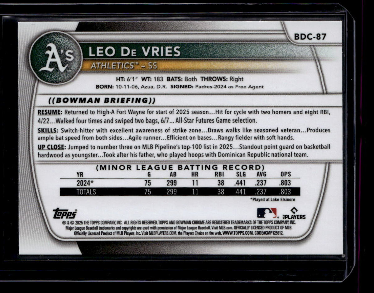 2025 Bowman Chrome Draft Blue Refractor bdc87 Leo De Vries Rookie 64/150