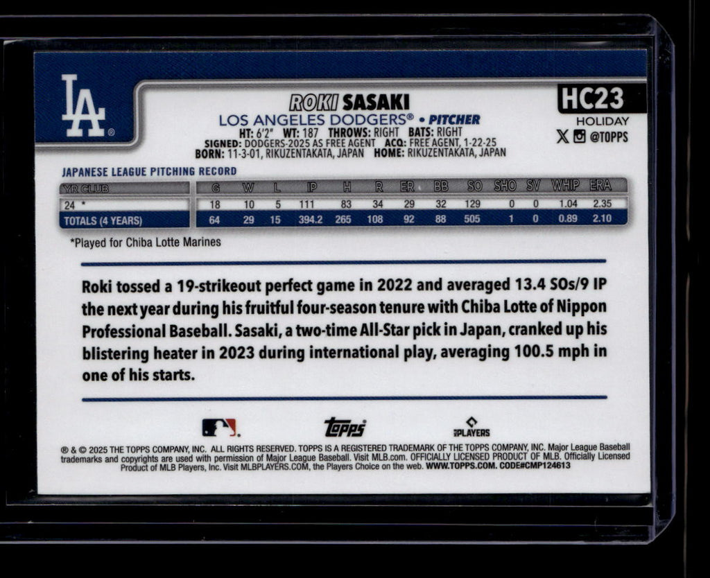 2025 Topps Holiday Chrome Refractor hc23 Roki Sasaki Rookie 458/499