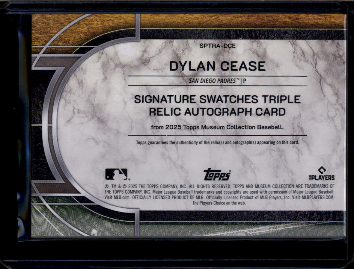 SOLD 184074 2025 Topps Museum Signature Swatches Relic Dylan Cease Triple Jersey Auto 51/99