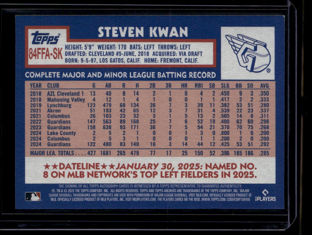 2025 Topps Archives '84 Topps Fan Favorites Autographs 84ffask Steven Kwan Auto