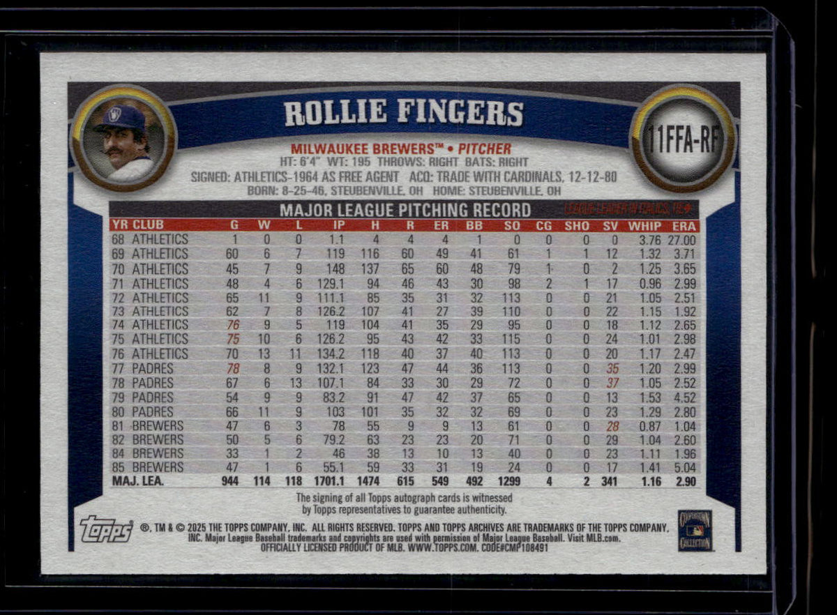 2025 Topps Archives '11 Fan Favorites Autographs 11ffarf Rollie Fingers Auto