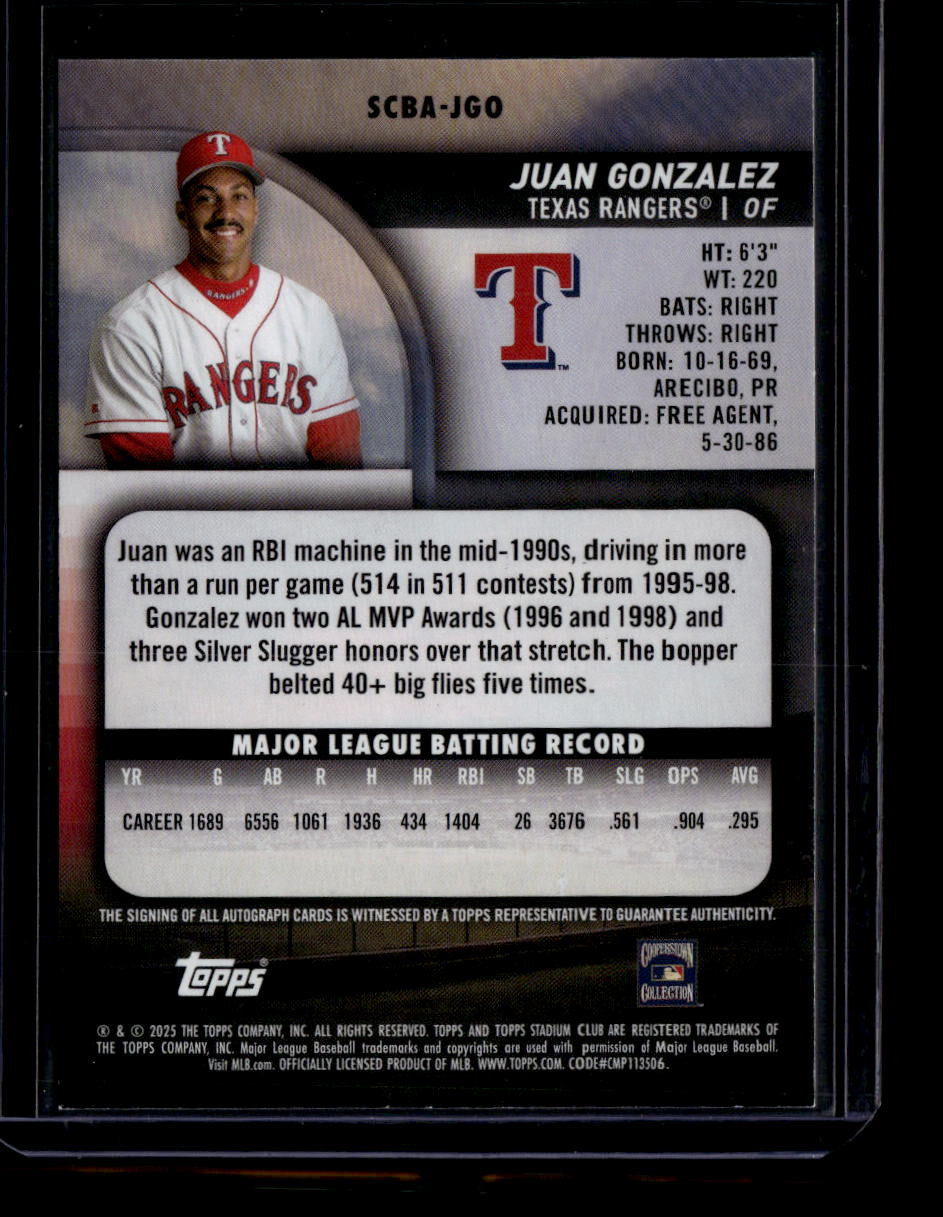 SOLD 184085 2025 Stadium Club Autographs Yellow SCBAJGO Juan Gonzalez Auto