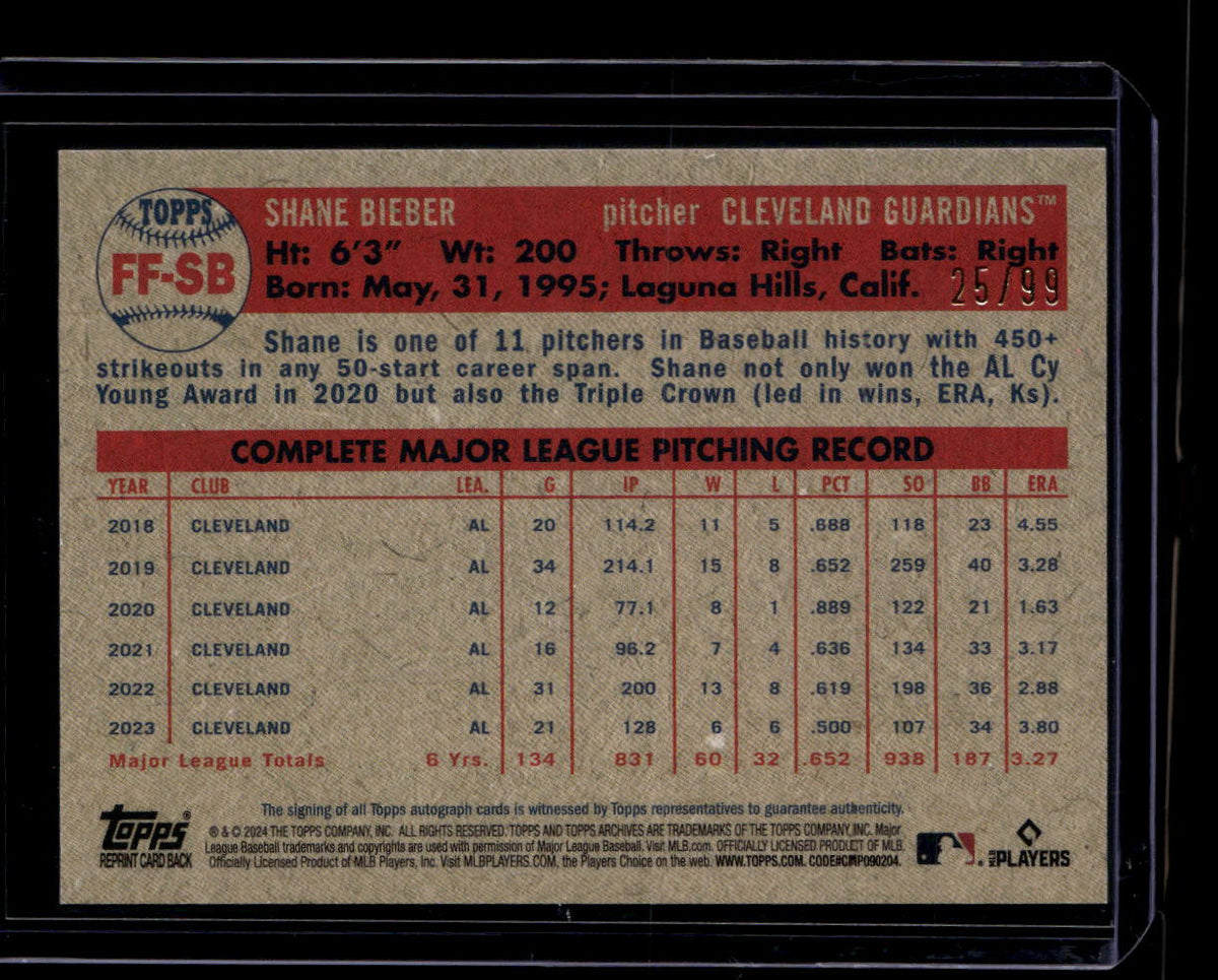 SOLD 184089 2024 Topps Archives Fan Favorites Premium Autographs Shane Bieber Auto 25/99
