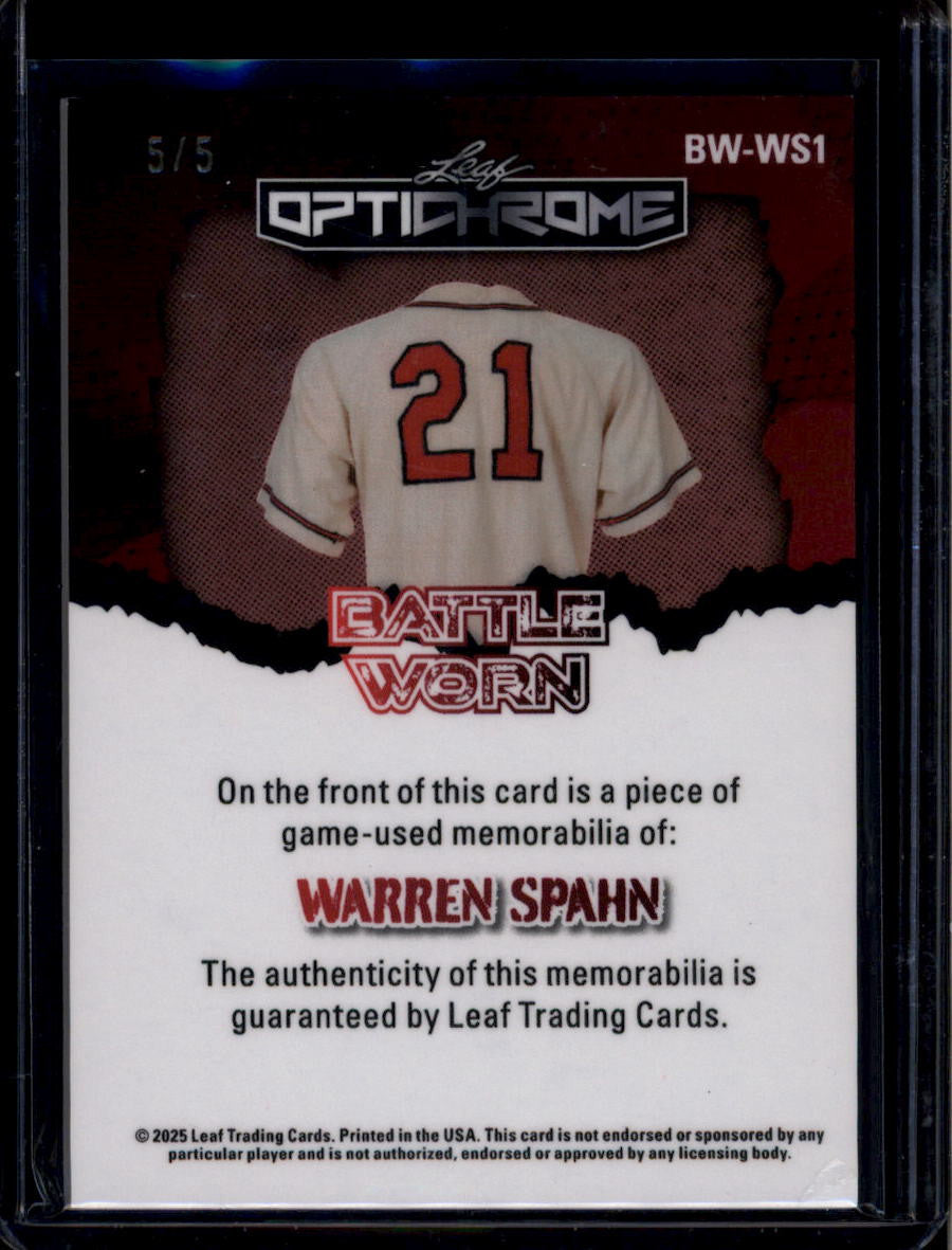 2025 Leaf Optichrome Battle Worn Silver Shimmer bwws1 Warren Spahn Jersey 5/5