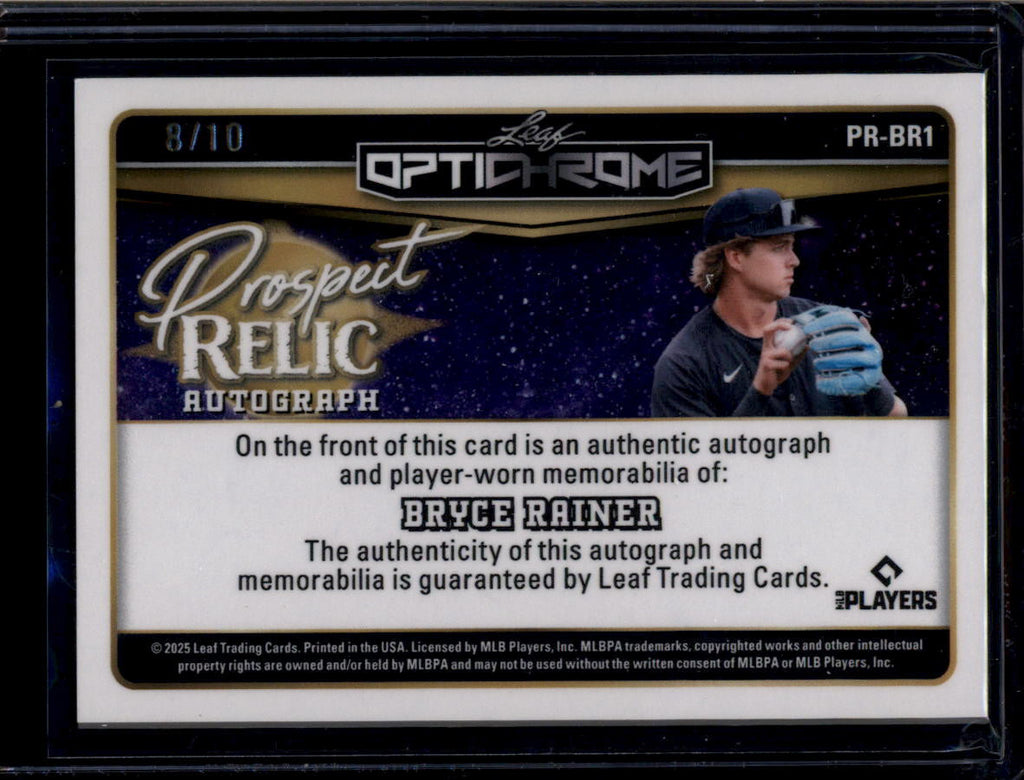 2025 Leaf Optichrome Prospect Relic Autographs Bryce Rainer RC Jersey Auto 8/10