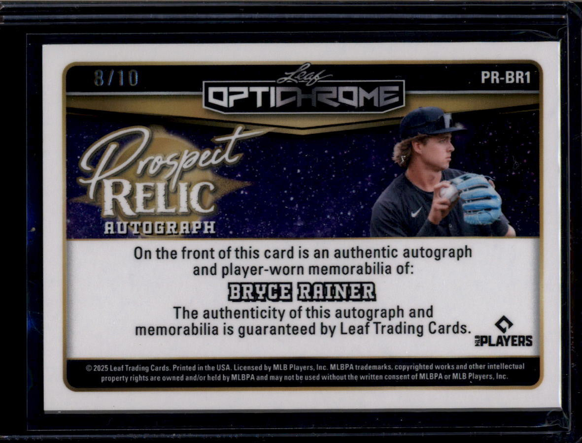 2025 Leaf Optichrome Prospect Relic Autographs Bryce Rainer RC Jersey Auto 8/10
