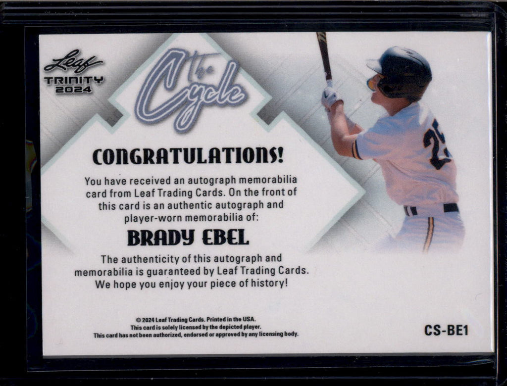 SOLD 184108 2024 Leaf Trinity The Cycle Single csbe1 Brady Ebel Rookie Patch Auto 5/10
