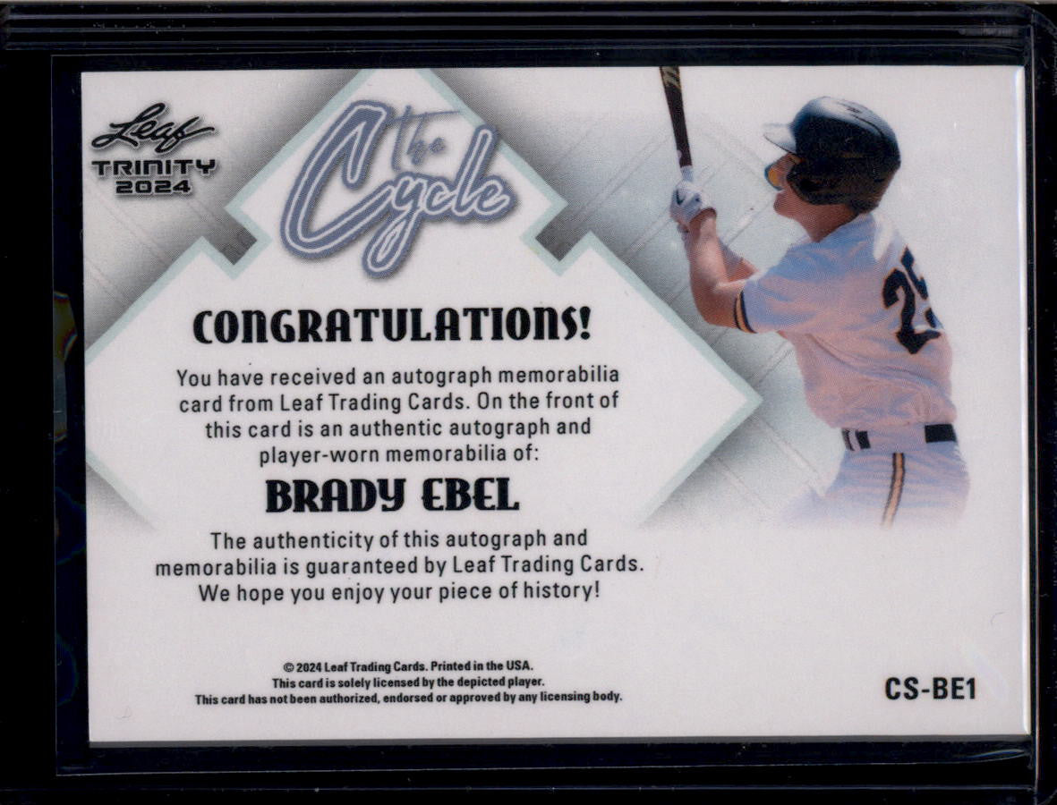 SOLD 184108 2024 Leaf Trinity The Cycle Single csbe1 Brady Ebel Rookie Patch Auto 5/10