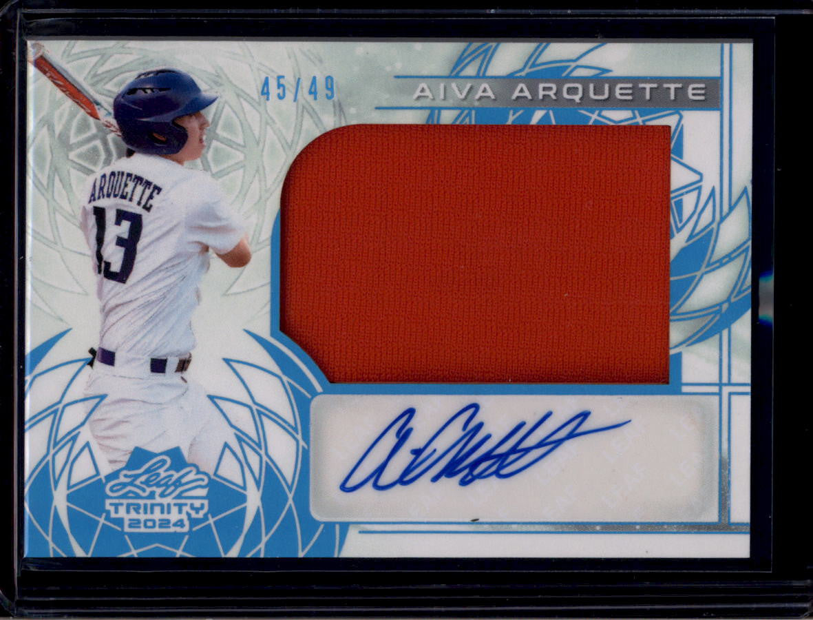 SOLD 184109 2024 Leaf Trinity Patch Autographs Platinum Aiva Arquette RC Jersey Auto 45/49