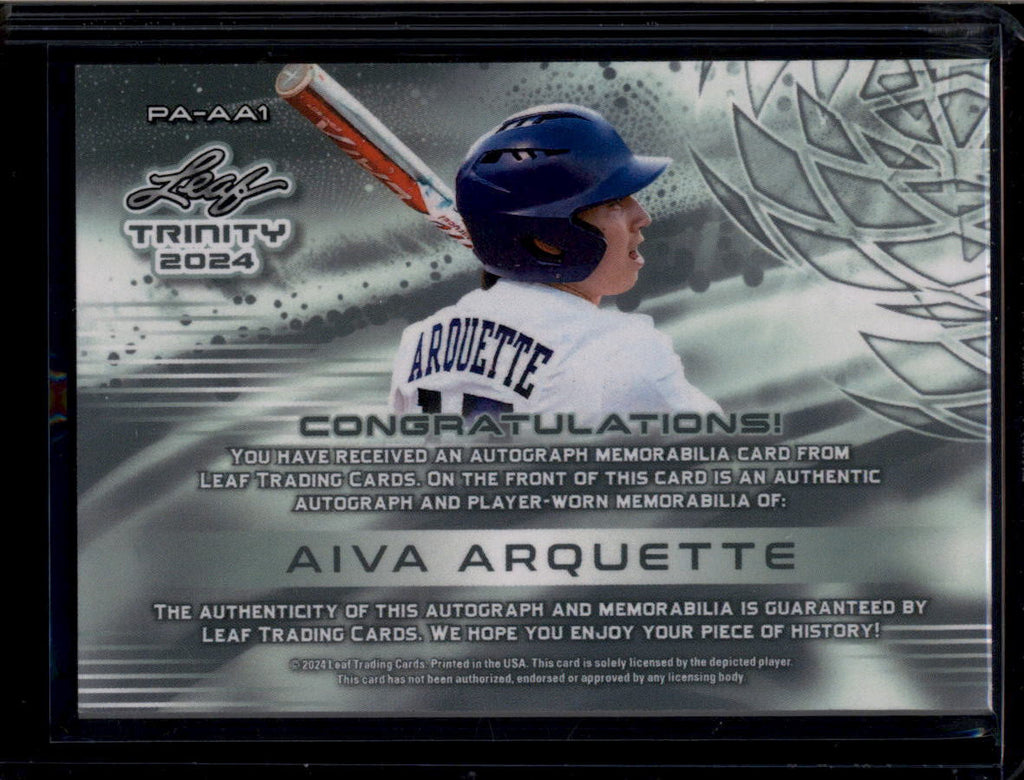 SOLD 184109 2024 Leaf Trinity Patch Autographs Platinum Aiva Arquette RC Jersey Auto 45/49