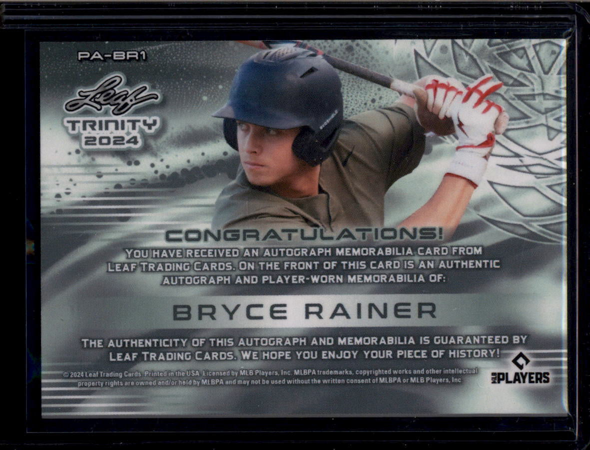 SOLD 184110 2024 Leaf Trinity Patch Autographs Bronze Bryce Rainer Rookie Jersey Auto 21/99