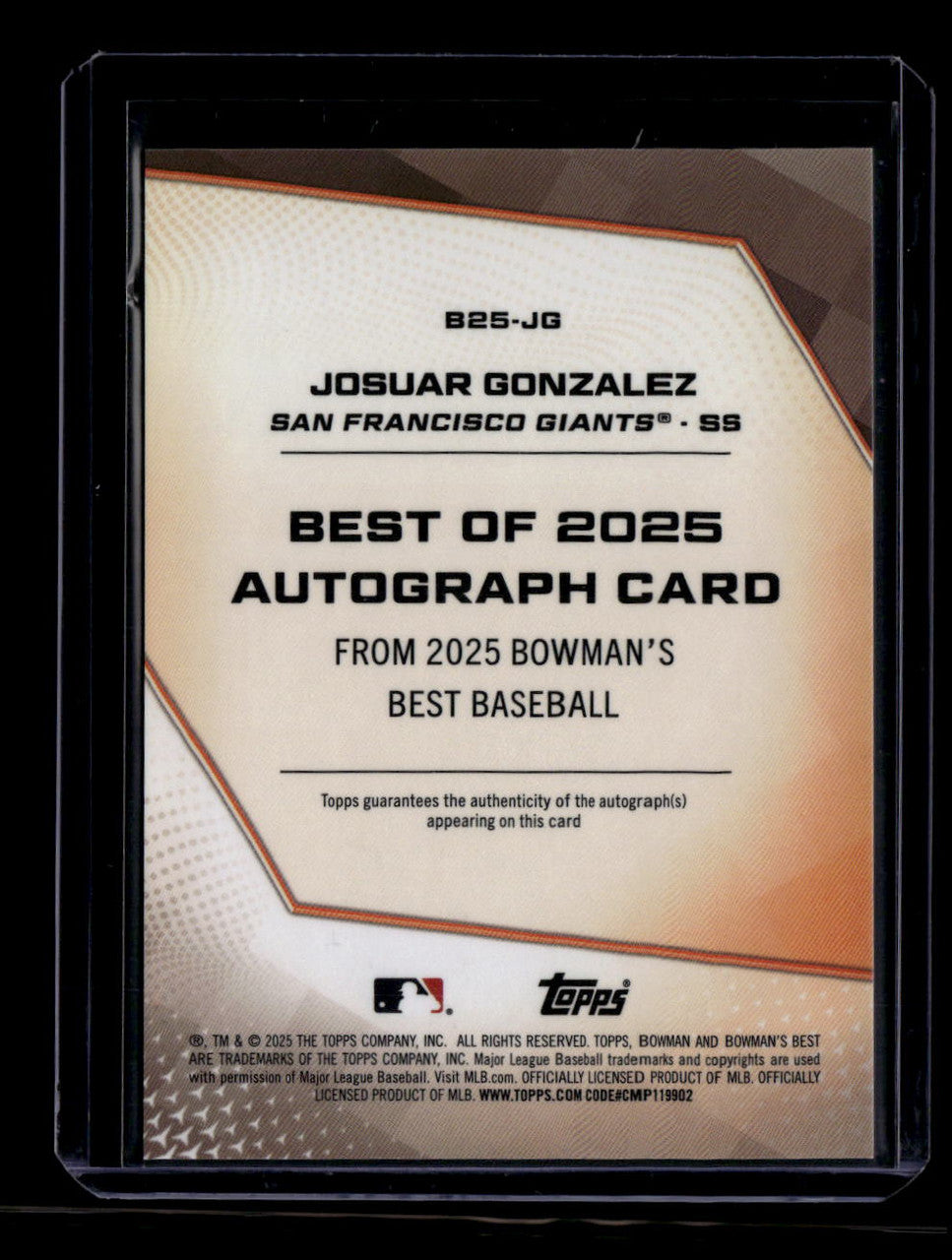 SOLD 184119 2025 Bowman's Best of '25 Autographs b25jg Josuar Gonzalez Rookie Auto