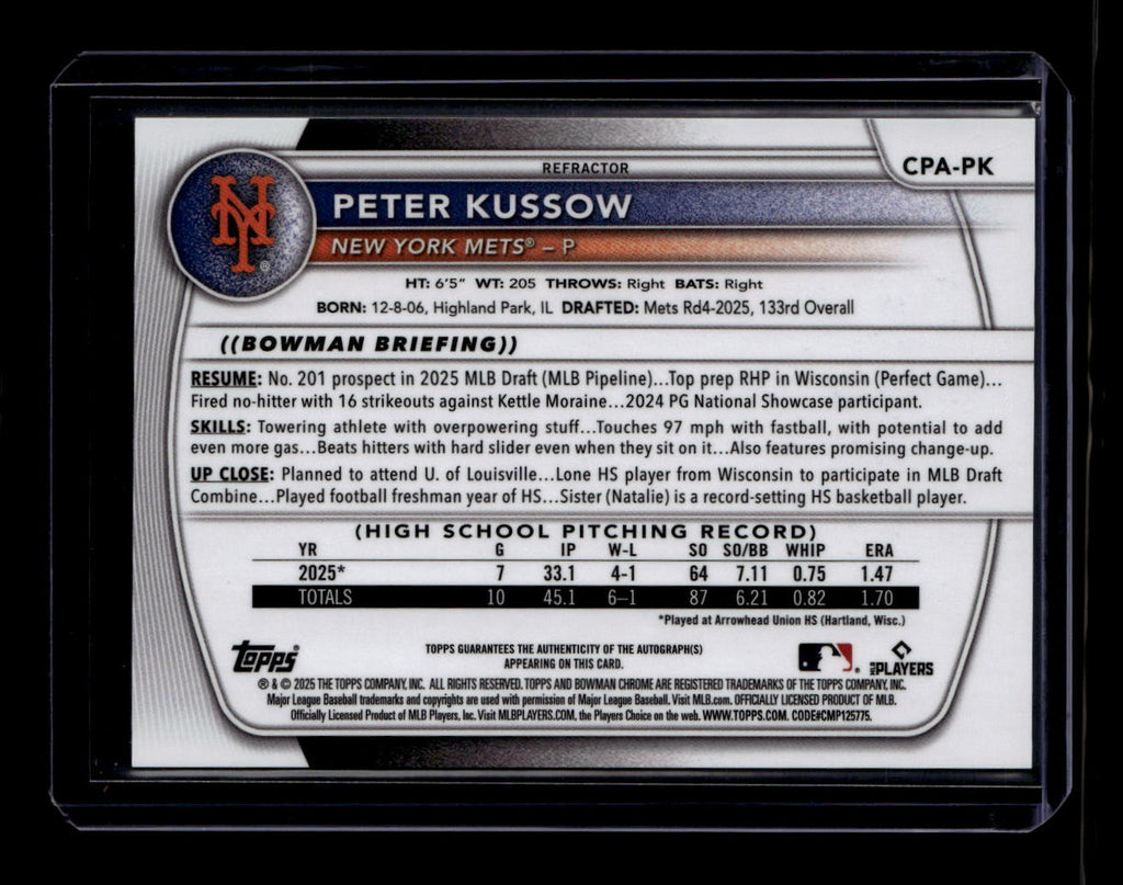 2025 Bowman Chrome Prospect Autographs Refractor Peter Kussow RC Auto 106/499