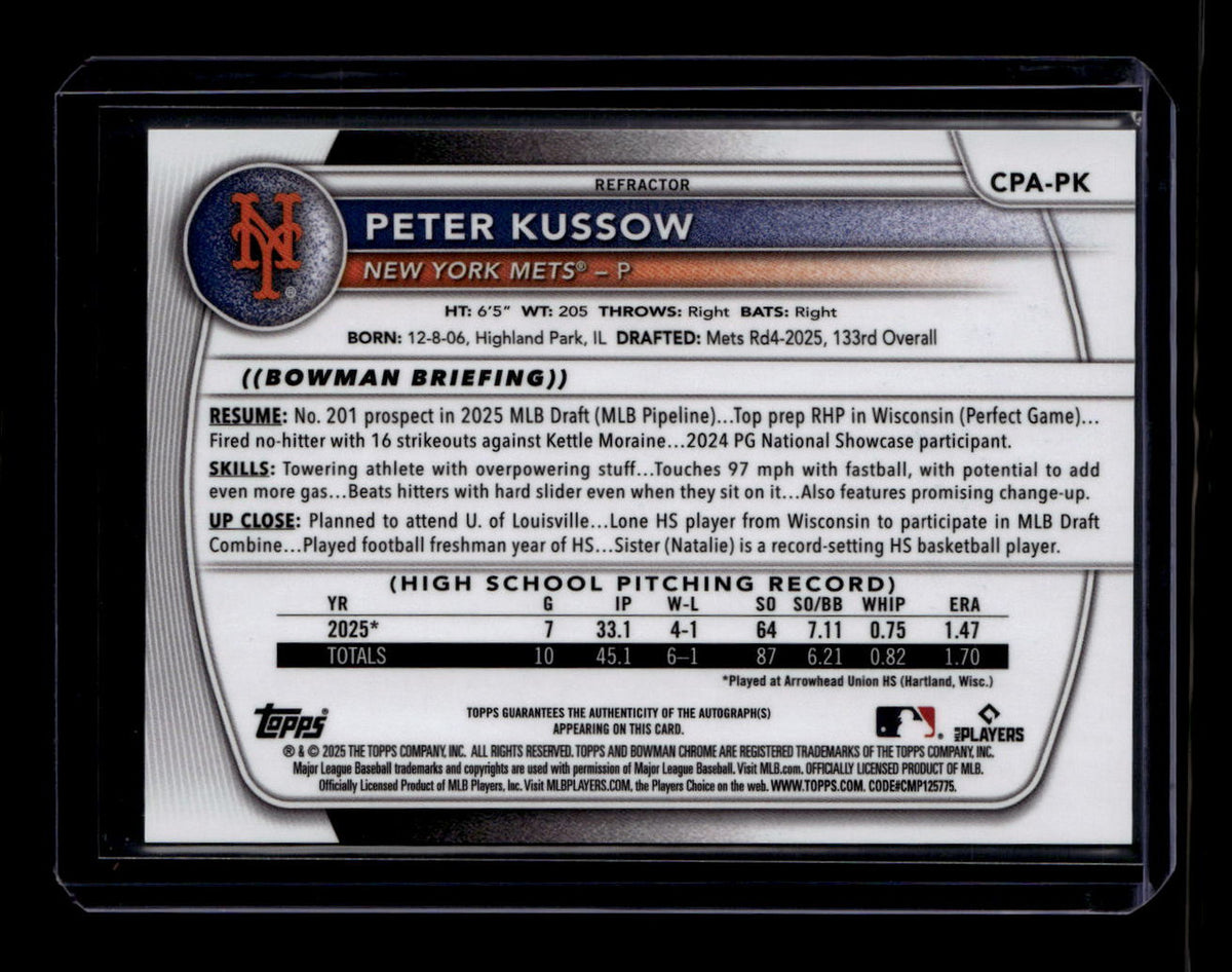 2025 Bowman Chrome Prospect Autographs Refractor Peter Kussow RC Auto 106/499
