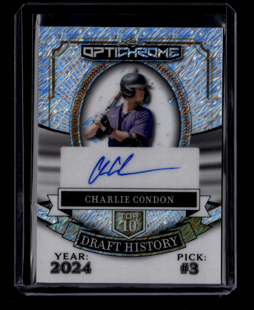 2025 Leaf Optichrome Draft History Silver Shimmer Charlie Condon Rookie Auto /10