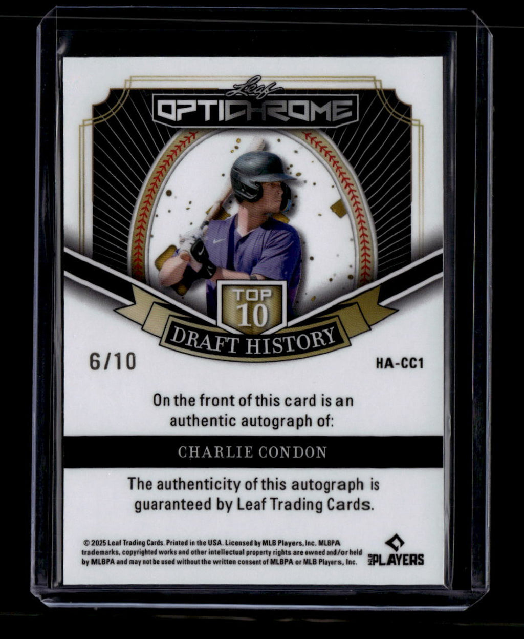 2025 Leaf Optichrome Draft History Silver Shimmer Charlie Condon Rookie Auto /10