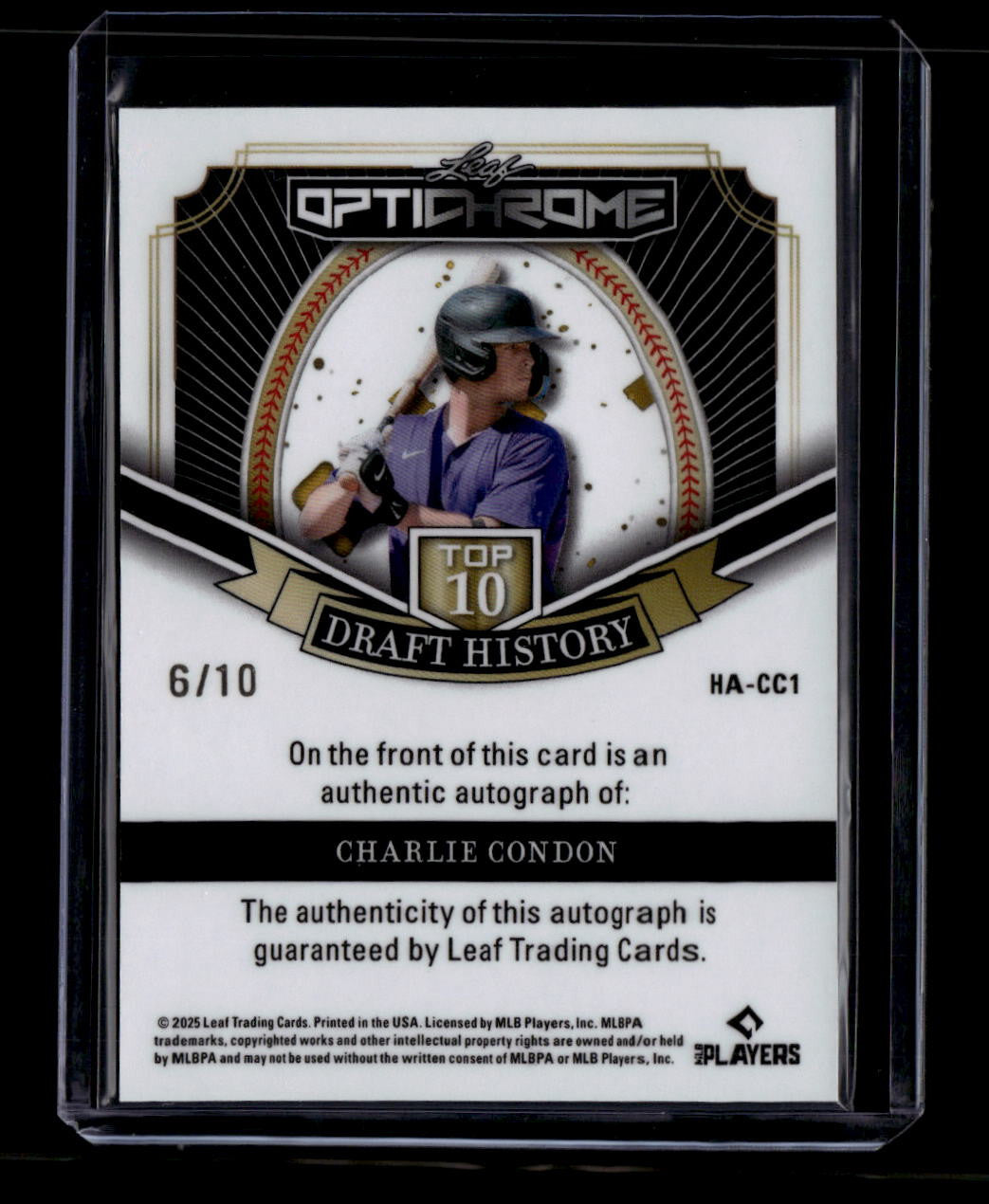 2025 Leaf Optichrome Draft History Silver Shimmer Charlie Condon Rookie Auto /10