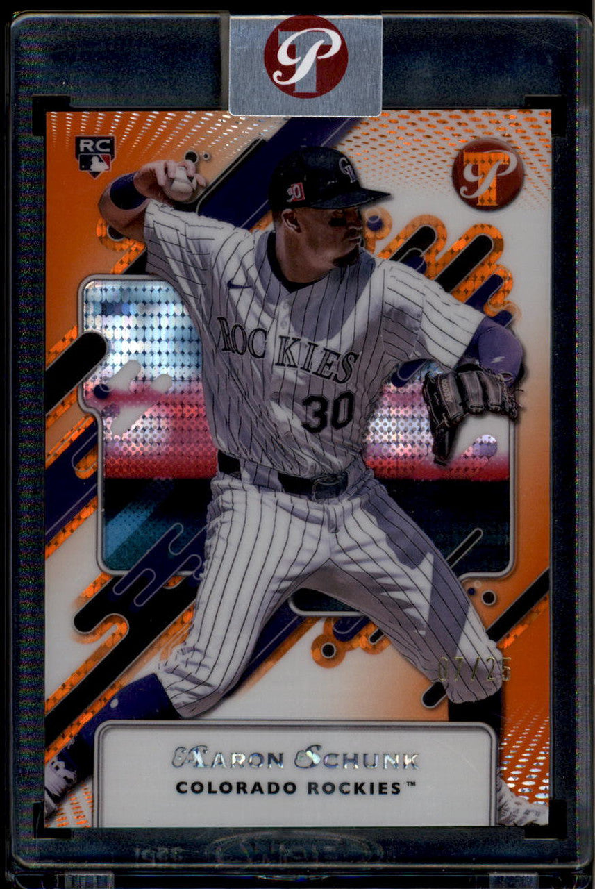 2025 Topps Pristine Orange Pristine Refractor 108 Aaron Schunk Rookie 7/25