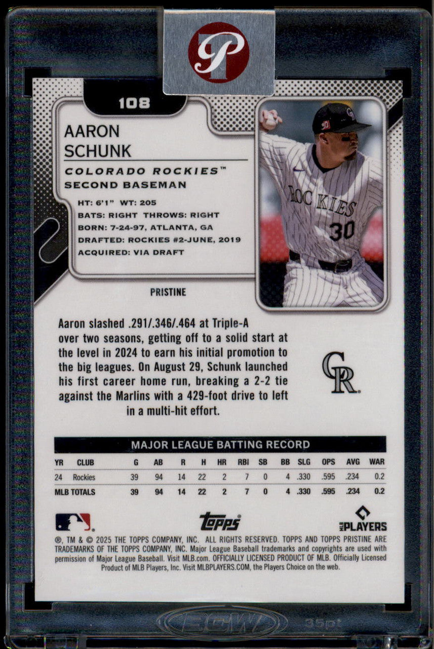 2025 Topps Pristine Orange Pristine Refractor 108 Aaron Schunk Rookie 7/25