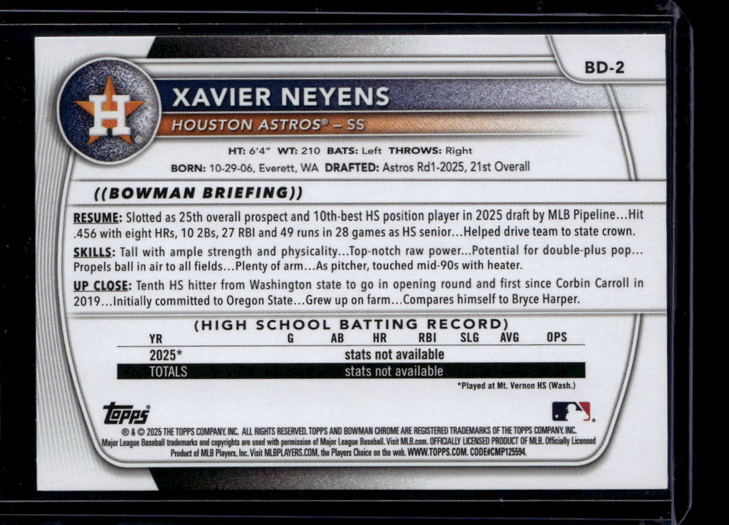 2025 Bowman Draft Blue bd2 Xavier Neyens Rookie 107/150