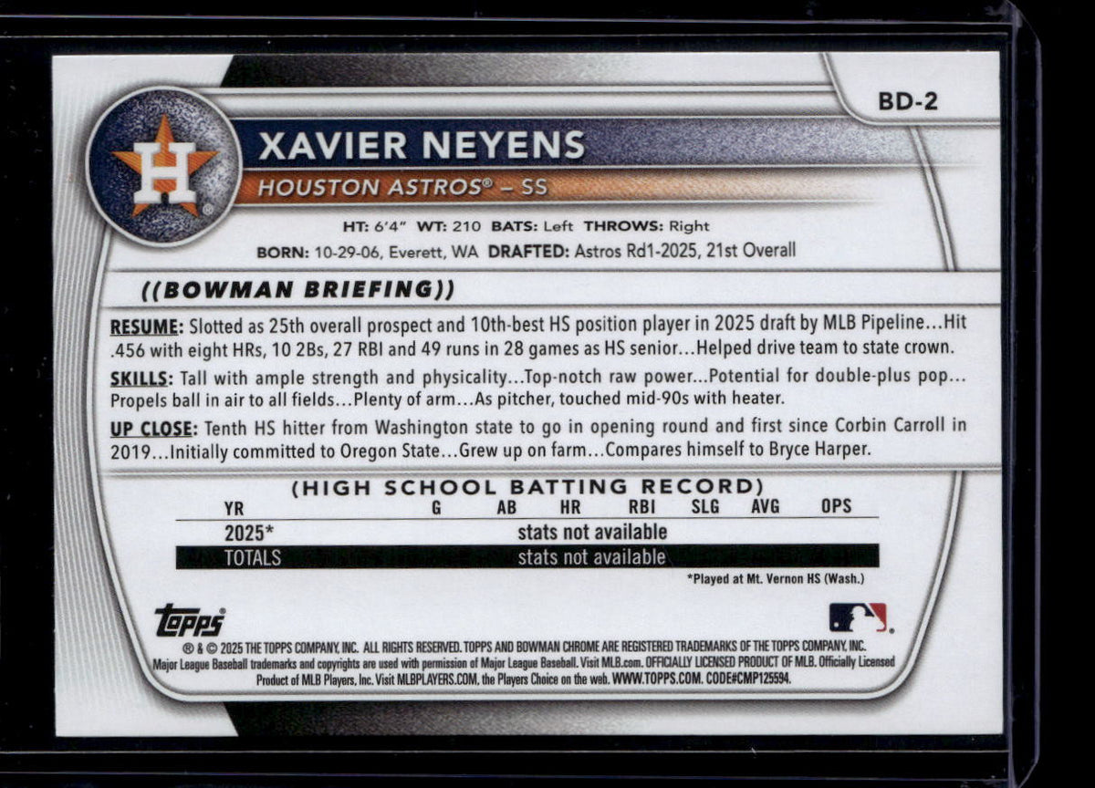 2025 Bowman Draft Blue bd2 Xavier Neyens Rookie 107/150