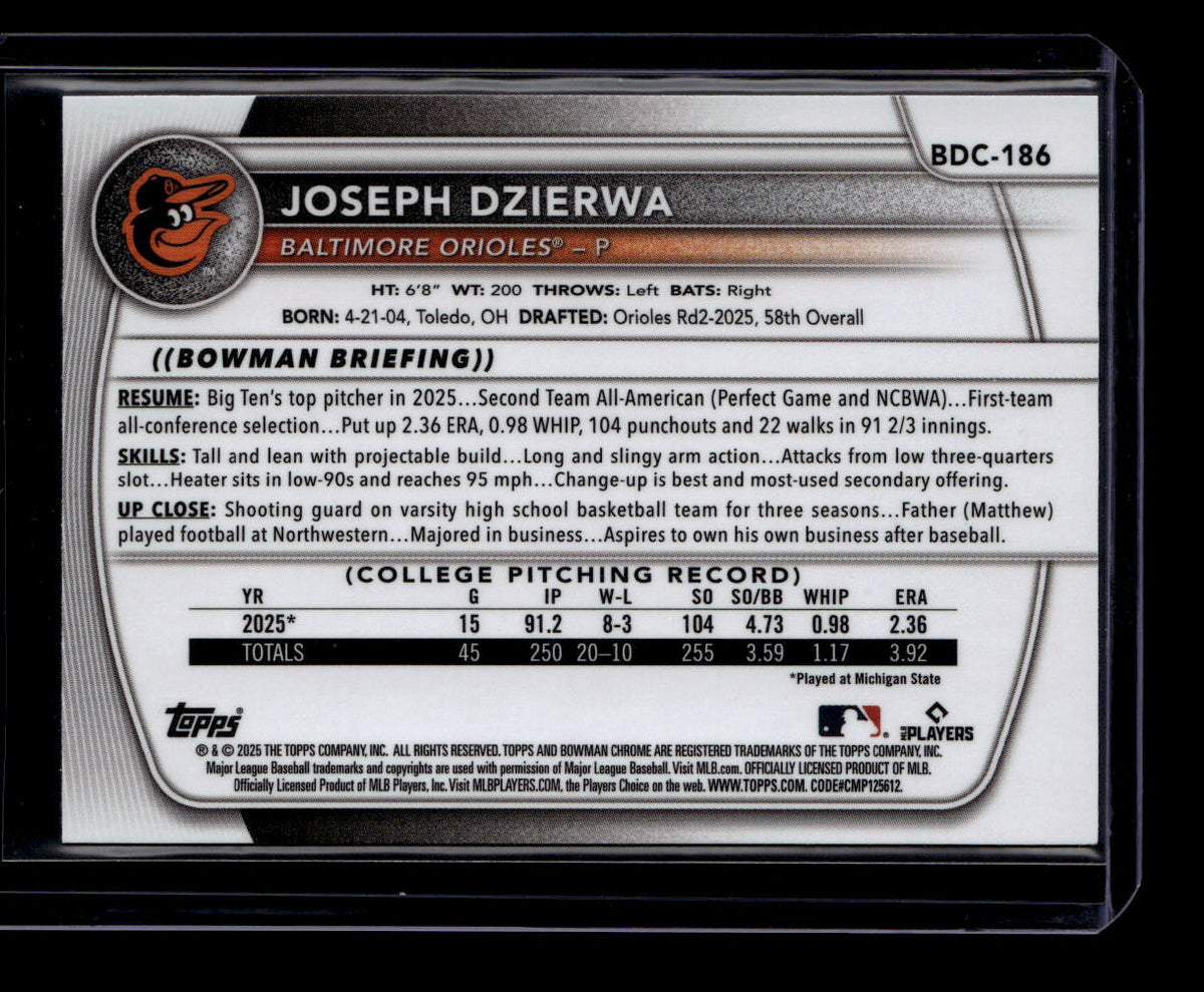SOLD 184137 2025 Bowman Chrome Draft Purple Refractor bdc186 Joseph Dzierwa Rookie 146/250
