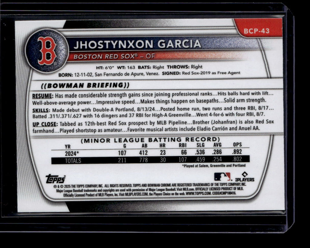 2025 Bowman Chrome Prospects Purple Refractor bcp43 Jhostynxon Garcia RC 53/250