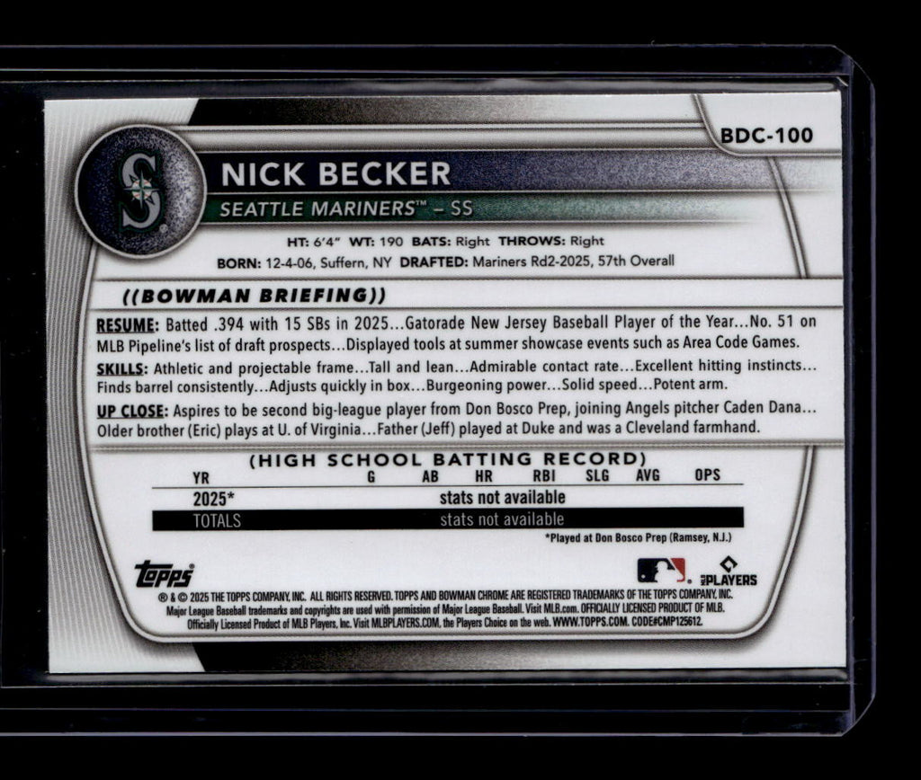 SOLD 184139 2025 Bowman Chrome Draft Yellow Reptillian Refractor bdc100 Nick Becker RC 40/75