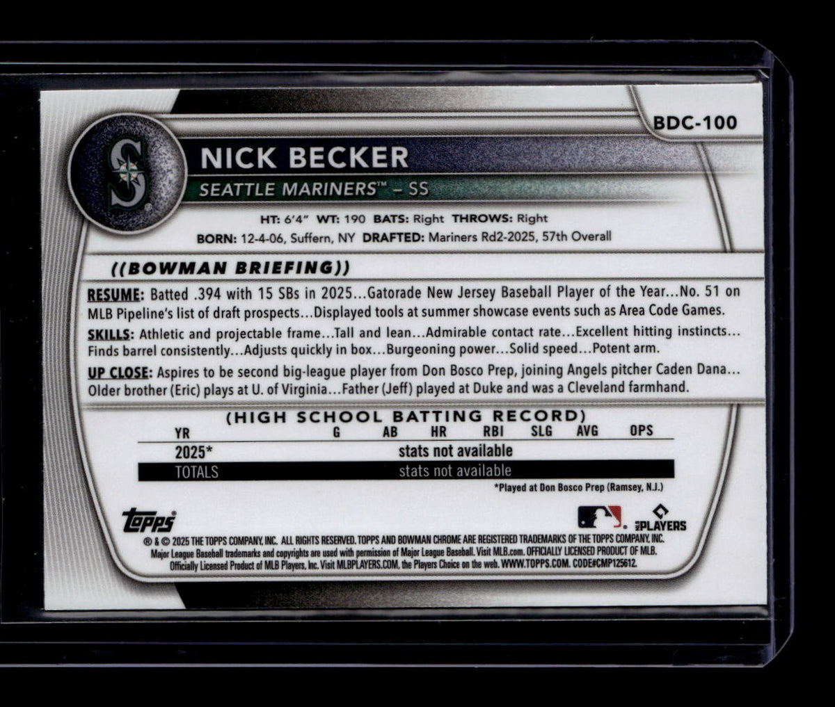 SOLD 184139 2025 Bowman Chrome Draft Yellow Reptillian Refractor bdc100 Nick Becker RC 40/75