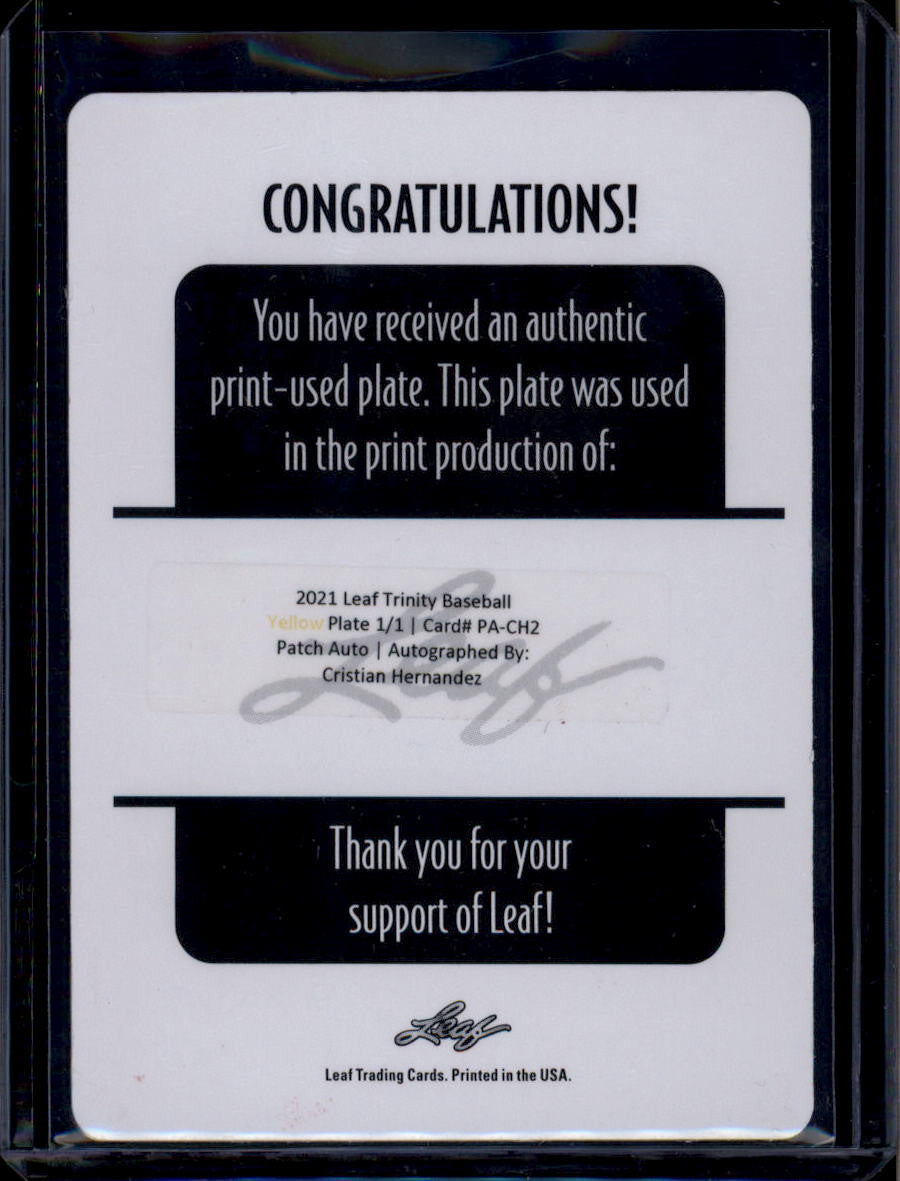 2021 Leaf Trinity Patch Autographs Printing Plate Cristian Hernandez RC Auto 1/1