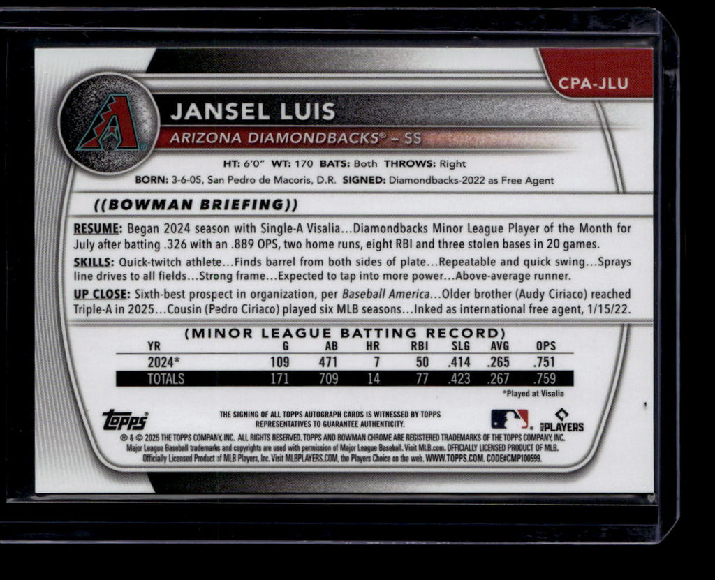 2025 Bowman Chrome Prospect Autographs CPAJLU Jansel Luis Rookie Auto
