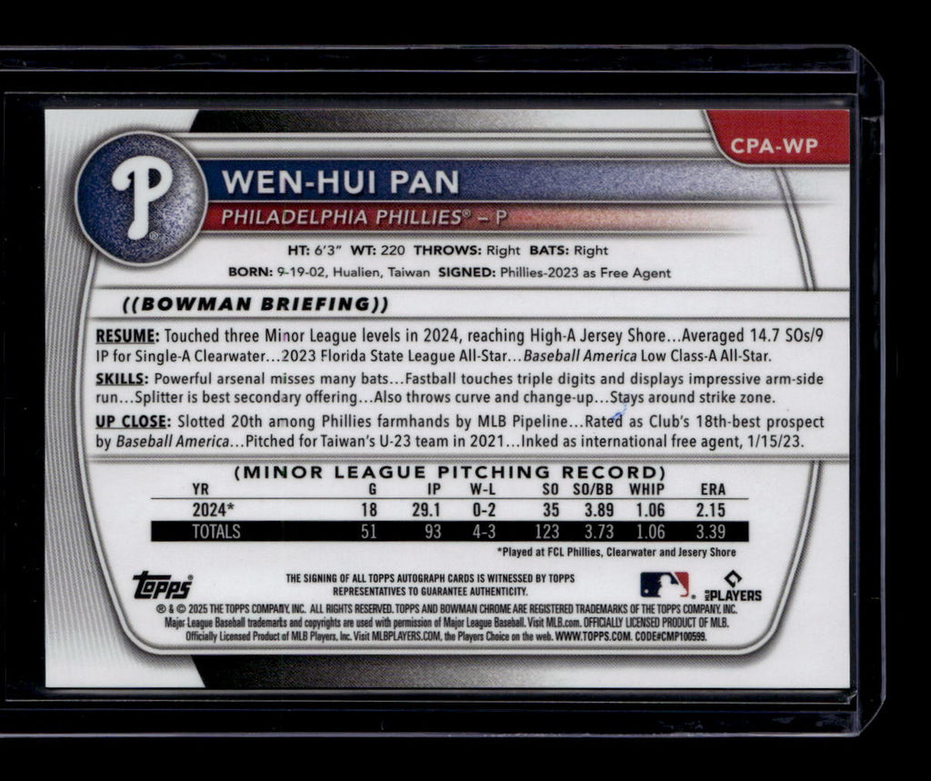 SOLD 184158 2025 Bowman Chrome Prospect Autographs CPAWP Wen-Hui Pan Rookie Auto