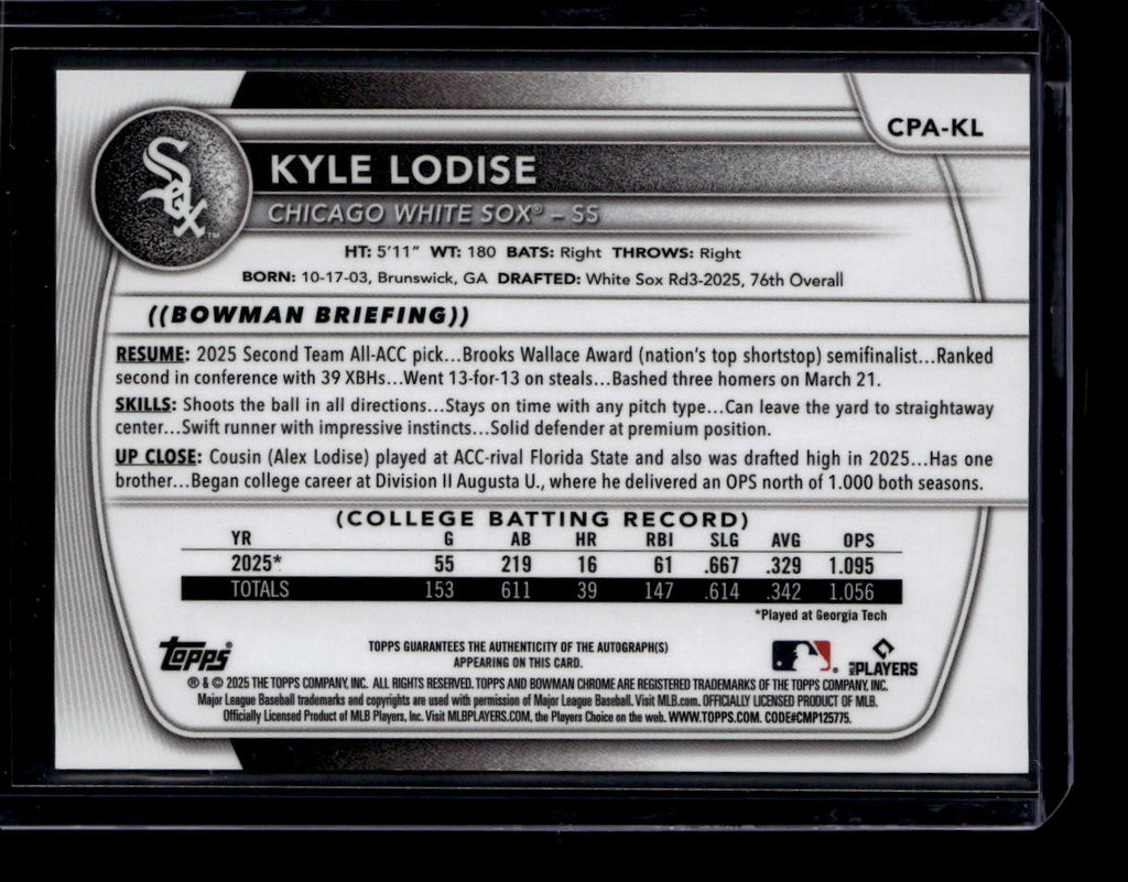 2025 Bowman Chrome Draft Autographs CPAKL Kyle Lodise Rookie Auto