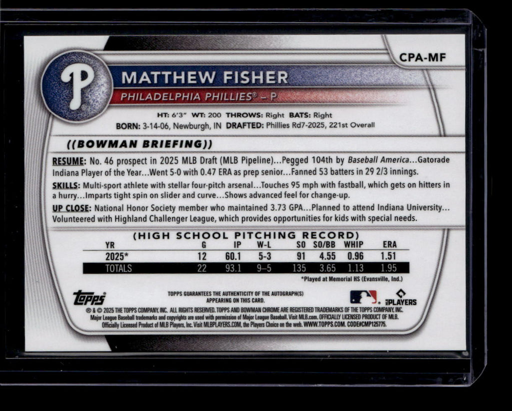2025 Bowman Chrome Draft Autographs CPAMF Matthew Fisher Rookie Auto