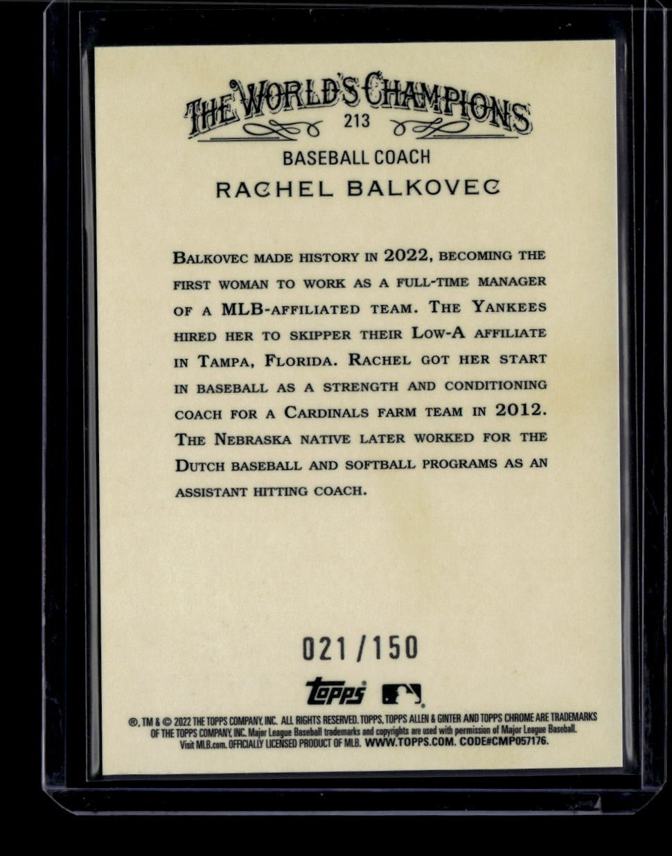 SOLD 184167 2022 Topps Allen and Ginter Chrome Blue Refractor 213 Rachel Balkovec RC 21/150