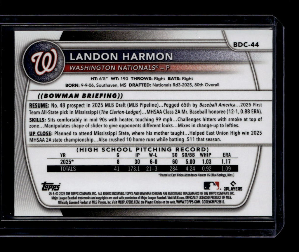 SOLD 184213 2025 Bowman Chrome Draft Sapphire Gold Refractor bdc44 Landon Harmon RC 6/50