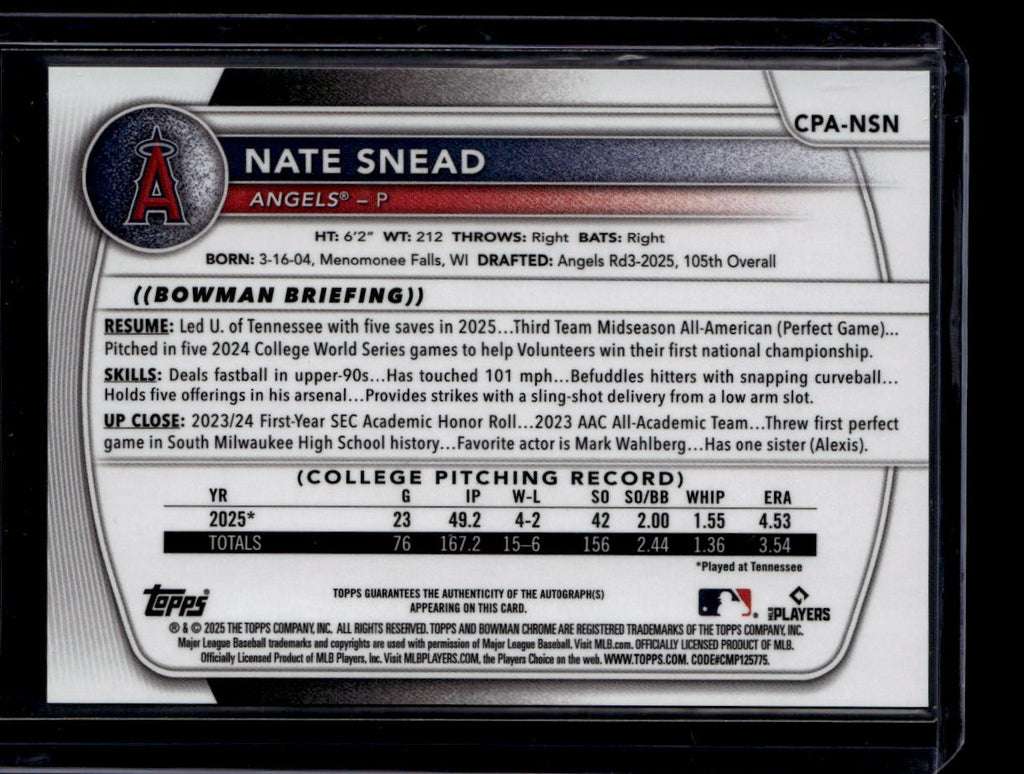 2025 Bowman Chrome Draft Autographs CPANSN Nate Snead Rookie Auto