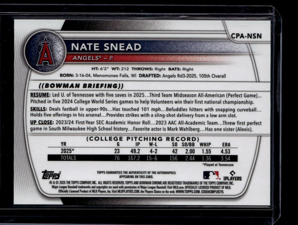 2025 Bowman Chrome Draft Autographs CPANSN Nate Snead Rookie Auto