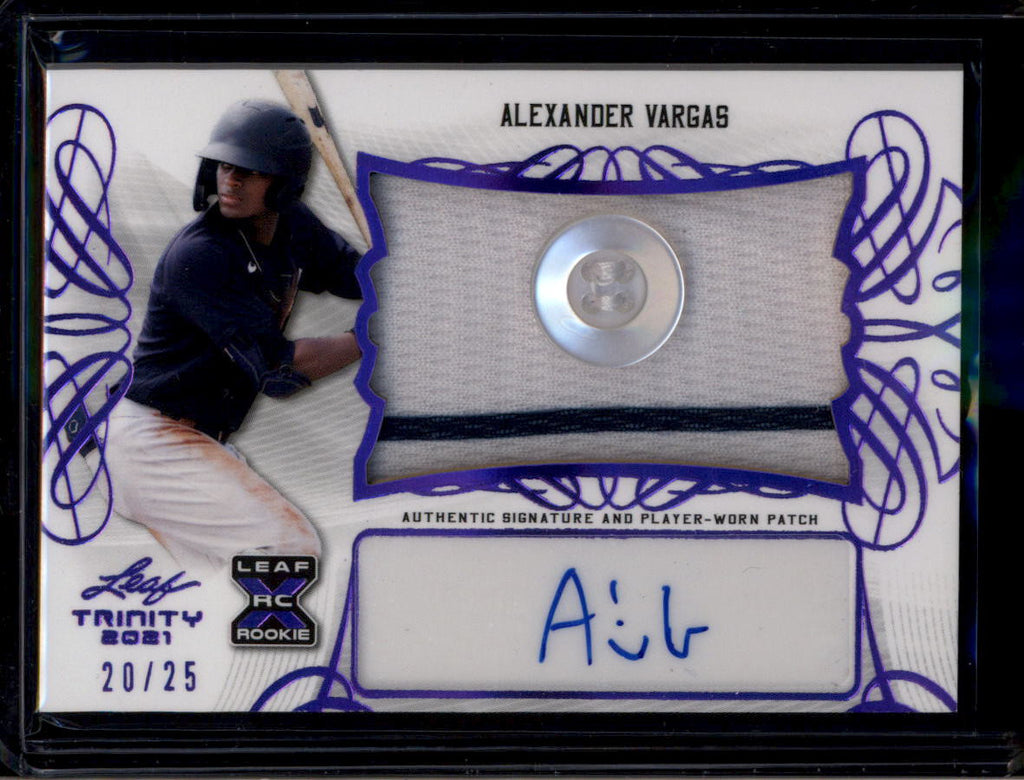 2021 Leaf Trinity Autographs Purple Alexander Vargas RC Button Patch Auto 20/25