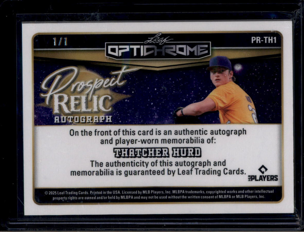 SOLD 184231 2025 Leaf Optichrome Prospect Relic Autographs Thatcher Hurd RC Jersey Auto 1/1