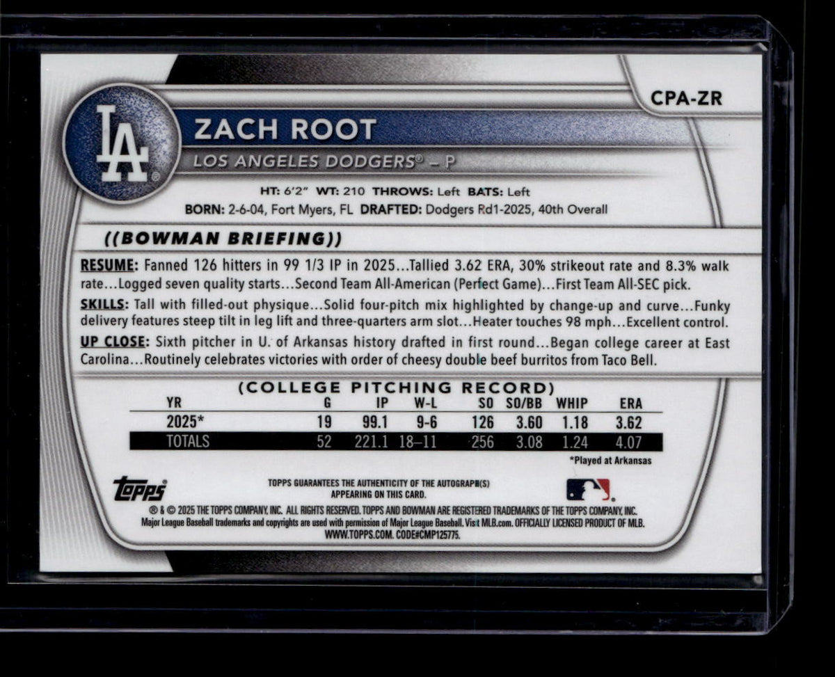 SOLD 184239 2025 Bowman Chrome Draft Autographs CPAZR Zach Root Rookie Auto