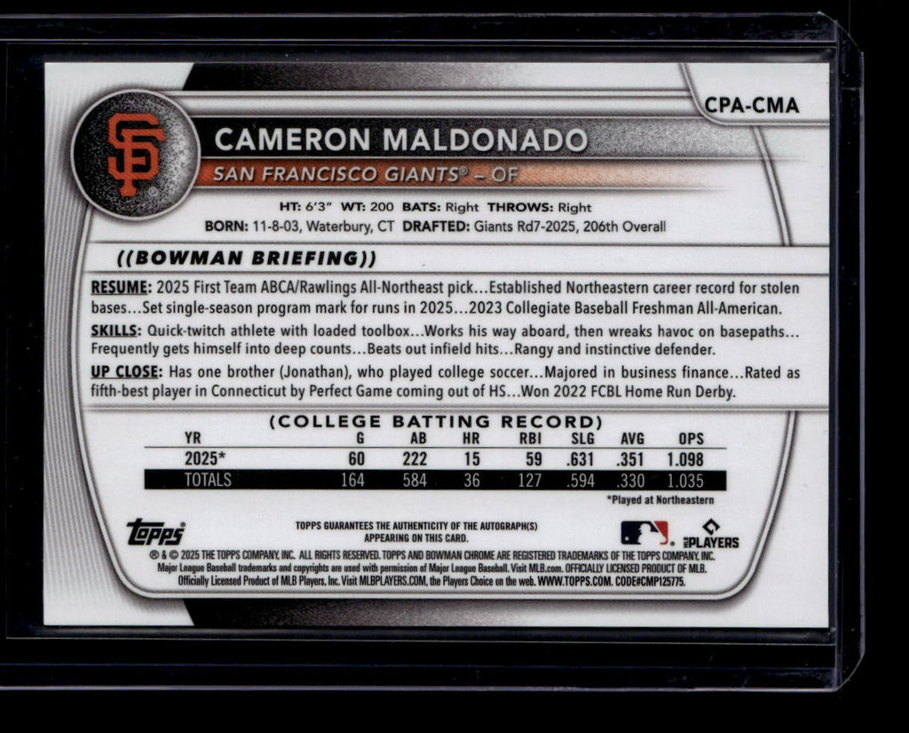 2025 Bowman Chrome Draft Autographs CPACMA Cameron Maldonado Rookie Auto