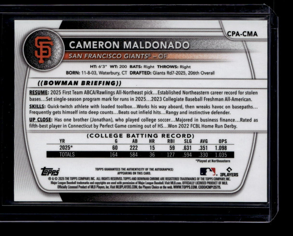 2025 Bowman Chrome Draft Autographs CPACMA Cameron Maldonado Rookie Auto