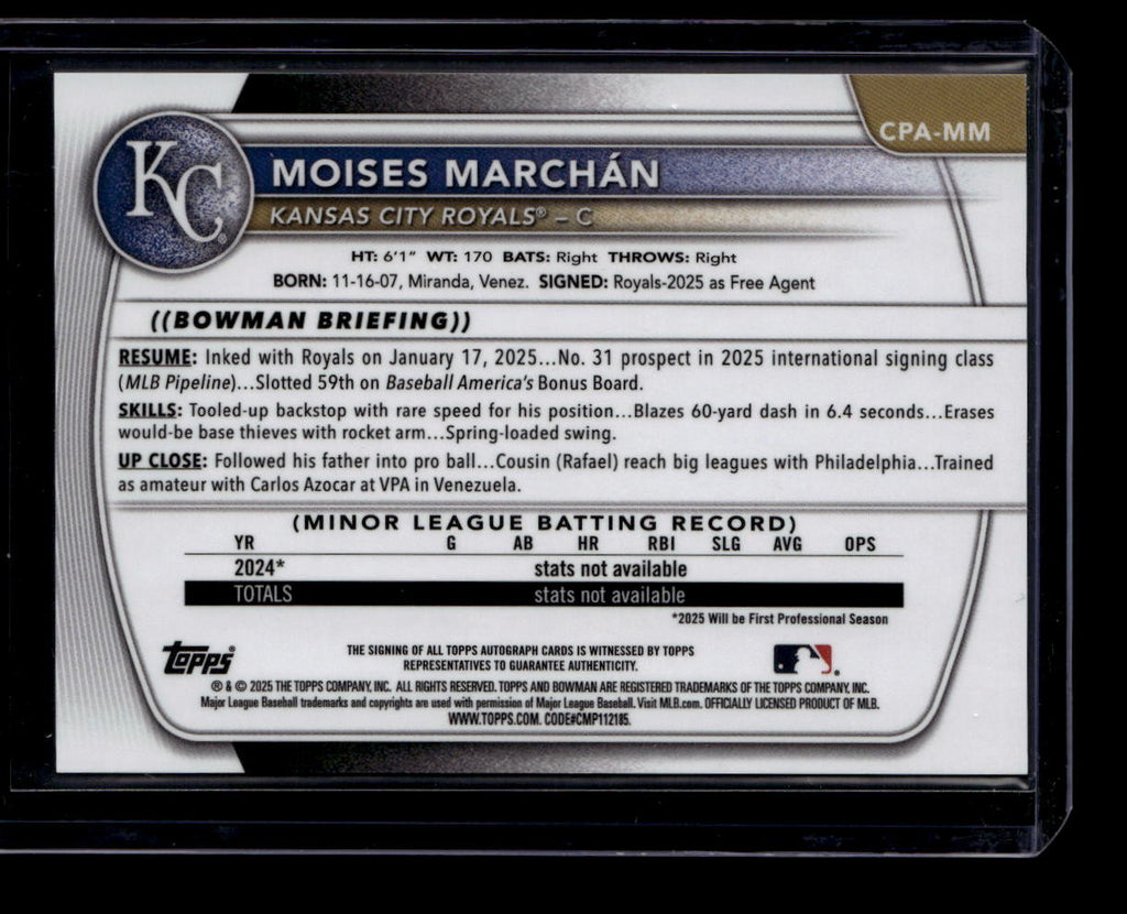 2025 Bowman Chrome Autographs Purple Refractor Moises Marchan RC Auto 238/250