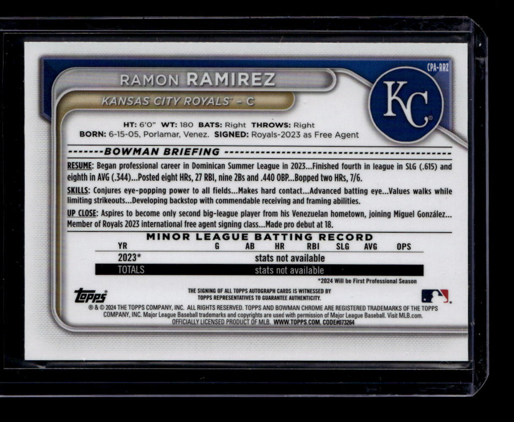SOLD 184246 2024 Bowman Chrome Autographs Speckle Refractor Ramon Ramirez RC Auto 61/299