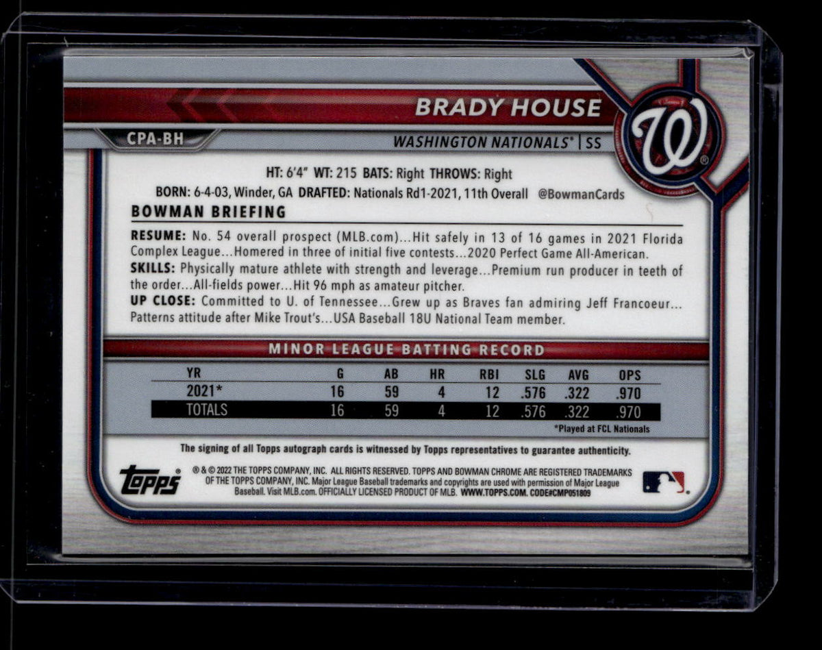 2022 Bowman Chrome Prospect Autographs CPABH Brady House Rookie Auto