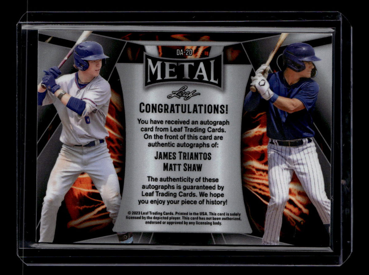 SOLD 184257 2023 Leaf Metal Autographs Wave Blue James Triantos Matt Shaw Dual RC Auto 1/8