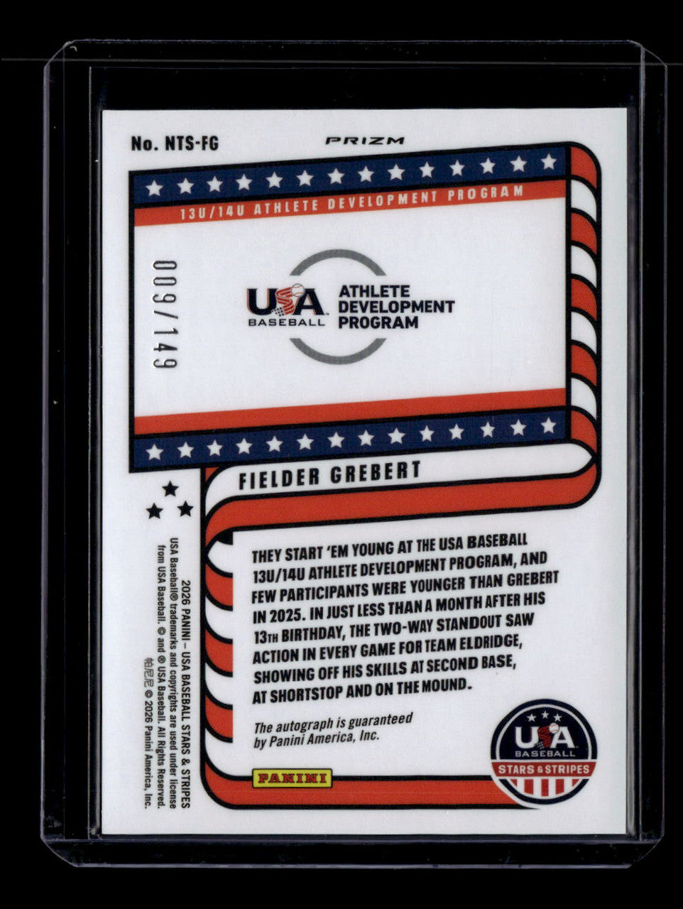 2026 USA Stars and Stripes Prizm National Team 5 Fielder Grebert RC Auto 9/149